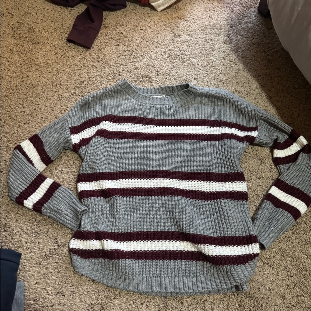 SO Women's Gray and Burgundy Striped Sweater